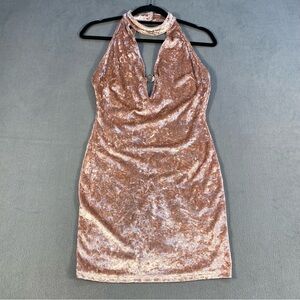 Essue women’s pink/rose gold stretch Velvet Halter mini Dress, back zipper, S